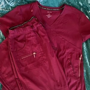 Koi lite scrub set merlot color both are “slim fit” top L, bottoms L